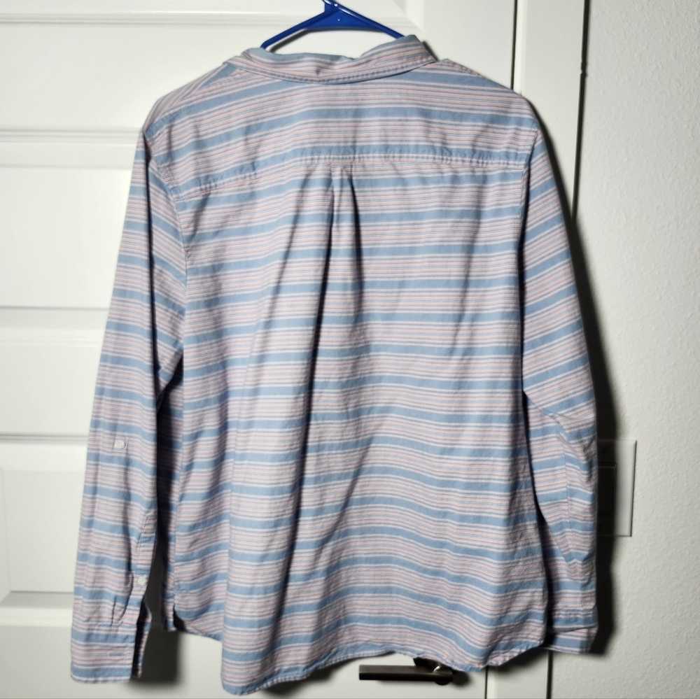 LL BEAN Blouse Top Womens XL Popover Roll Tab Long Sleeve Striped Blue - Picture 6 of 7